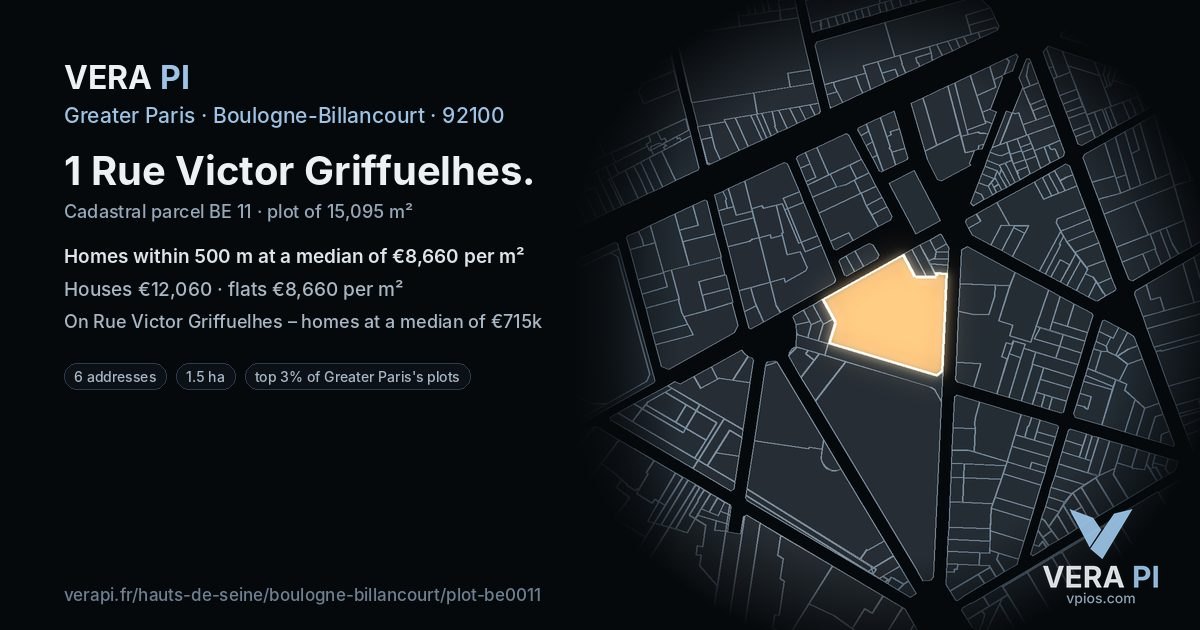 1 Rue Victor Griffuelhes, Boulogne-Billancourt at night – the plot lit, the parcels around coloured by the prices near them