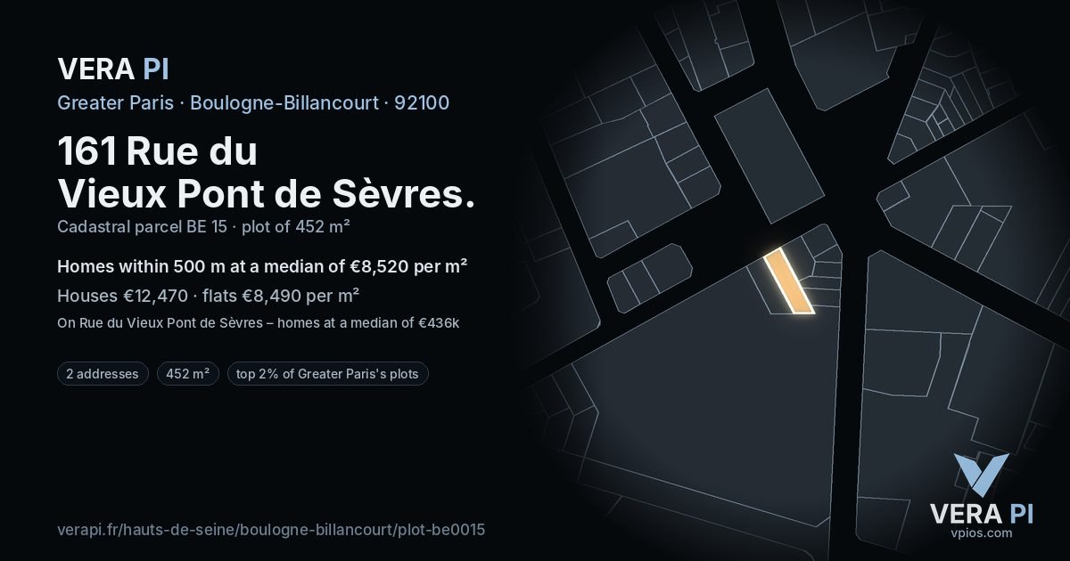 161 Rue du Vieux Pont de Sèvres, Boulogne-Billancourt at night – the plot lit, the parcels around coloured by the prices near them
