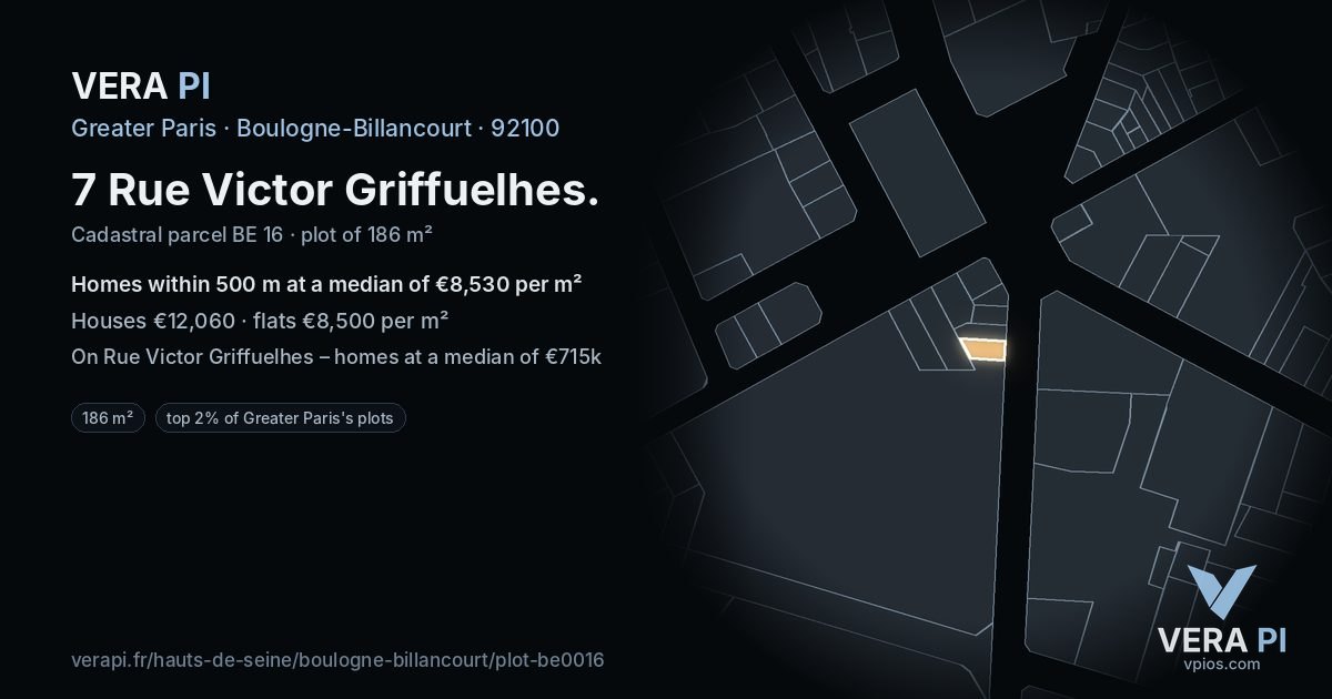 7 Rue Victor Griffuelhes, Boulogne-Billancourt at night – the plot lit, the parcels around coloured by the prices near them