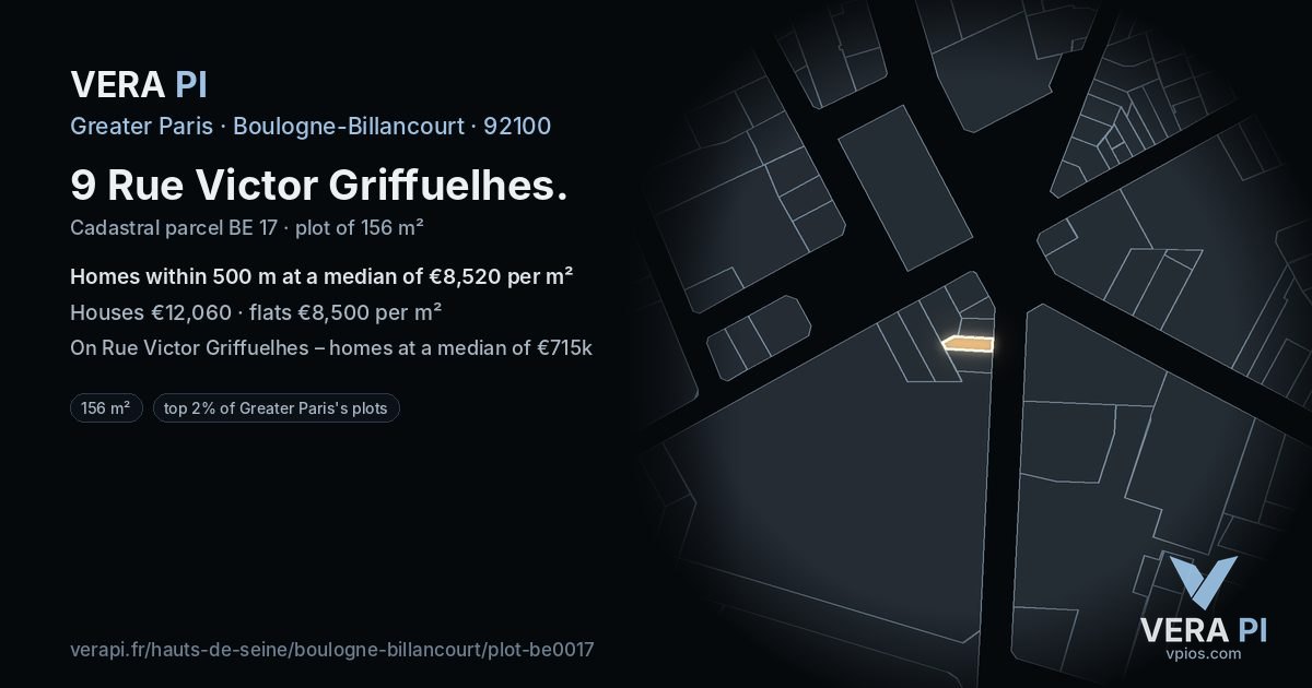 9 Rue Victor Griffuelhes, Boulogne-Billancourt at night – the plot lit, the parcels around coloured by the prices near them