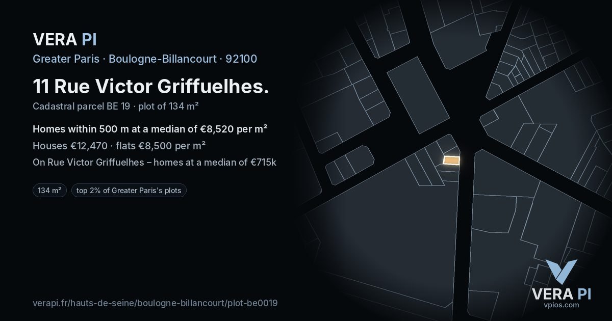 11 Rue Victor Griffuelhes, Boulogne-Billancourt at night – the plot lit, the parcels around coloured by the prices near them