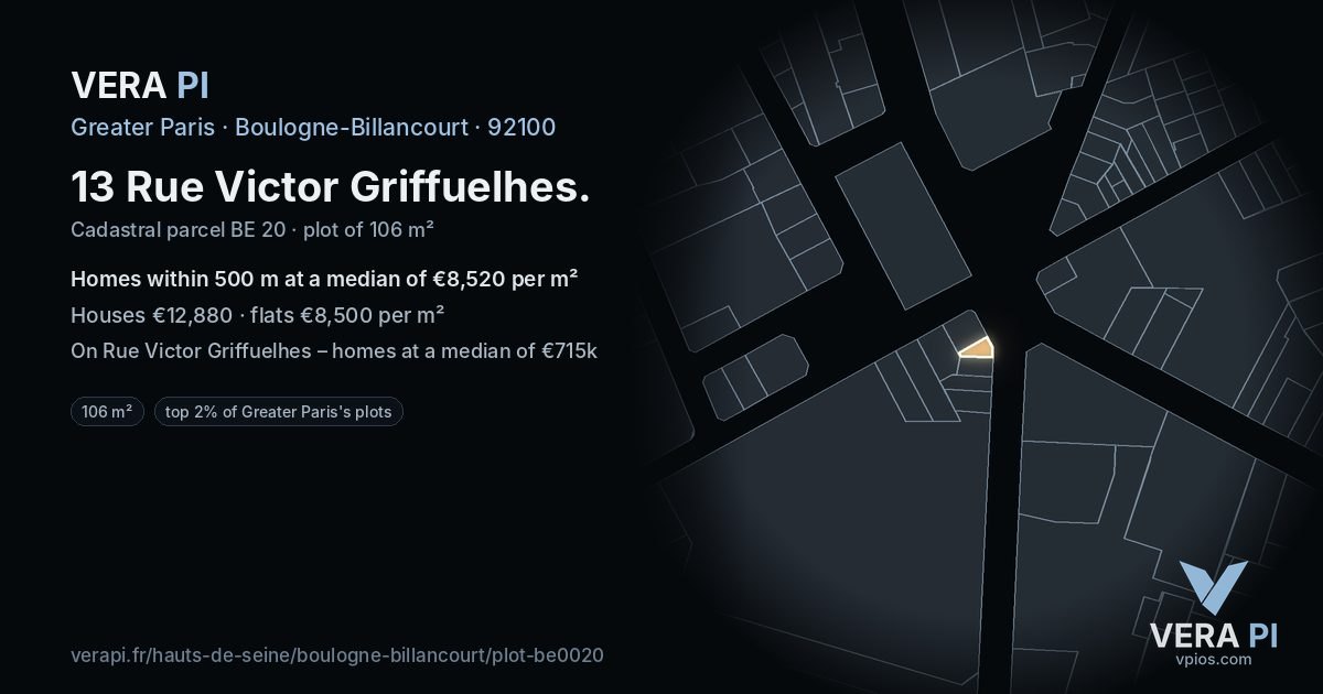 13 Rue Victor Griffuelhes, Boulogne-Billancourt at night – the plot lit, the parcels around coloured by the prices near them
