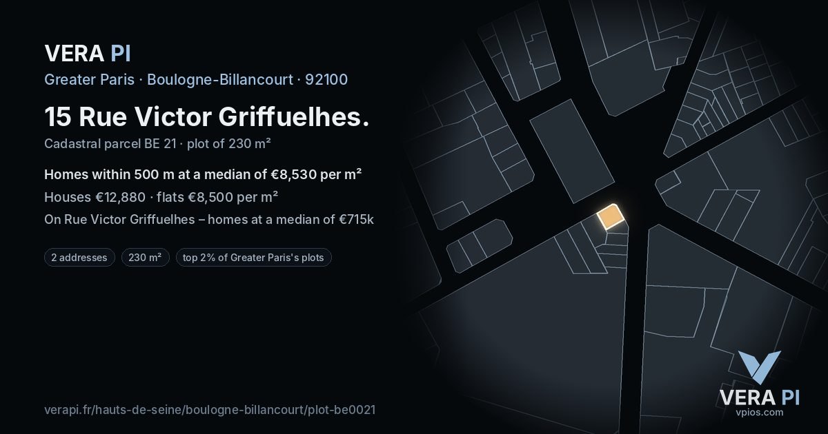 15 Rue Victor Griffuelhes, Boulogne-Billancourt at night – the plot lit, the parcels around coloured by the prices near them