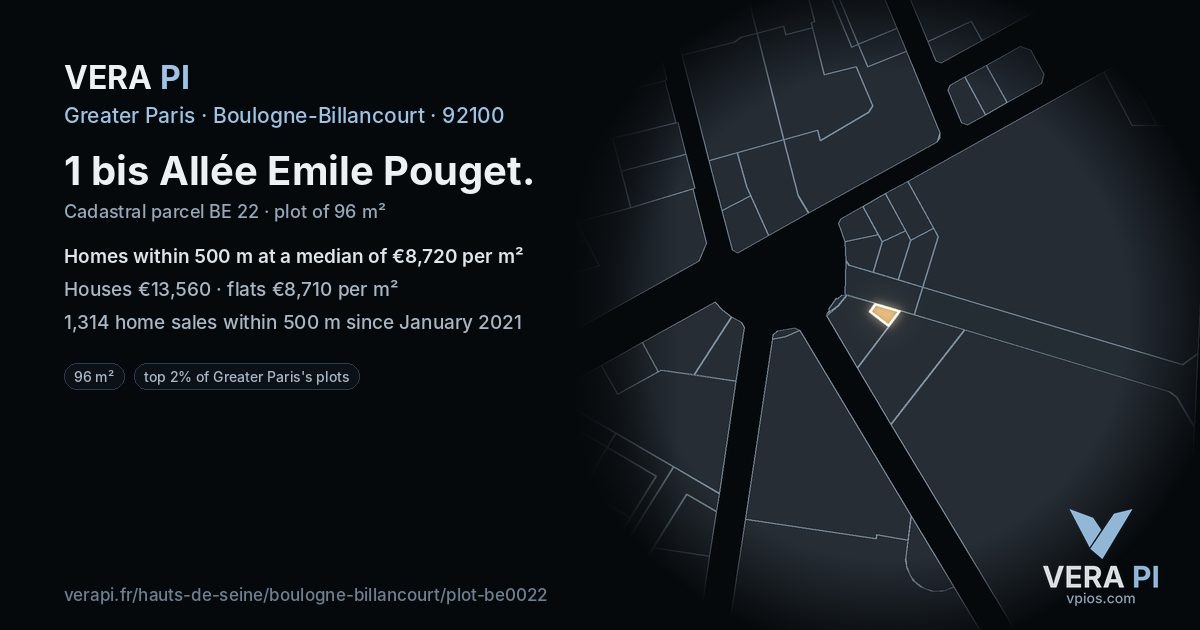1 bis Allée Emile Pouget, Boulogne-Billancourt at night – the plot lit, the parcels around coloured by the prices near them