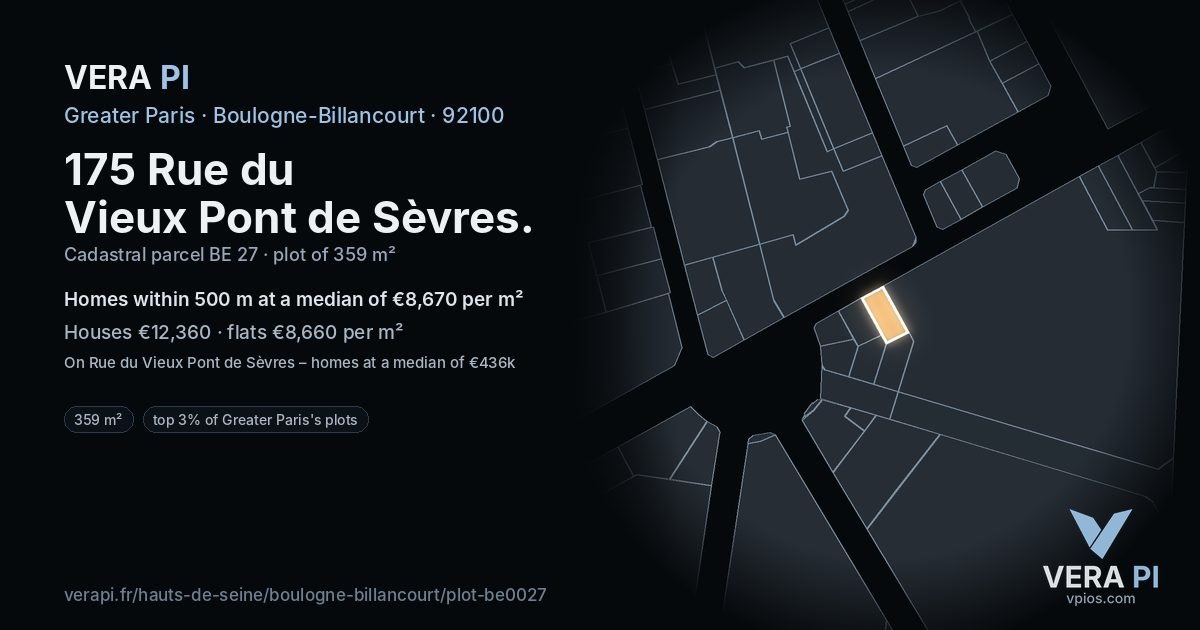 175 Rue du Vieux Pont de Sèvres, Boulogne-Billancourt at night – the plot lit, the parcels around coloured by the prices near them