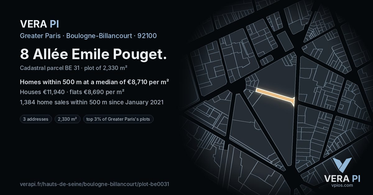 8 Allée Emile Pouget, Boulogne-Billancourt at night – the plot lit, the parcels around coloured by the prices near them