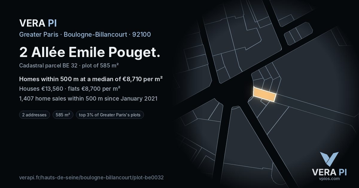 2 Allée Emile Pouget, Boulogne-Billancourt at night – the plot lit, the parcels around coloured by the prices near them