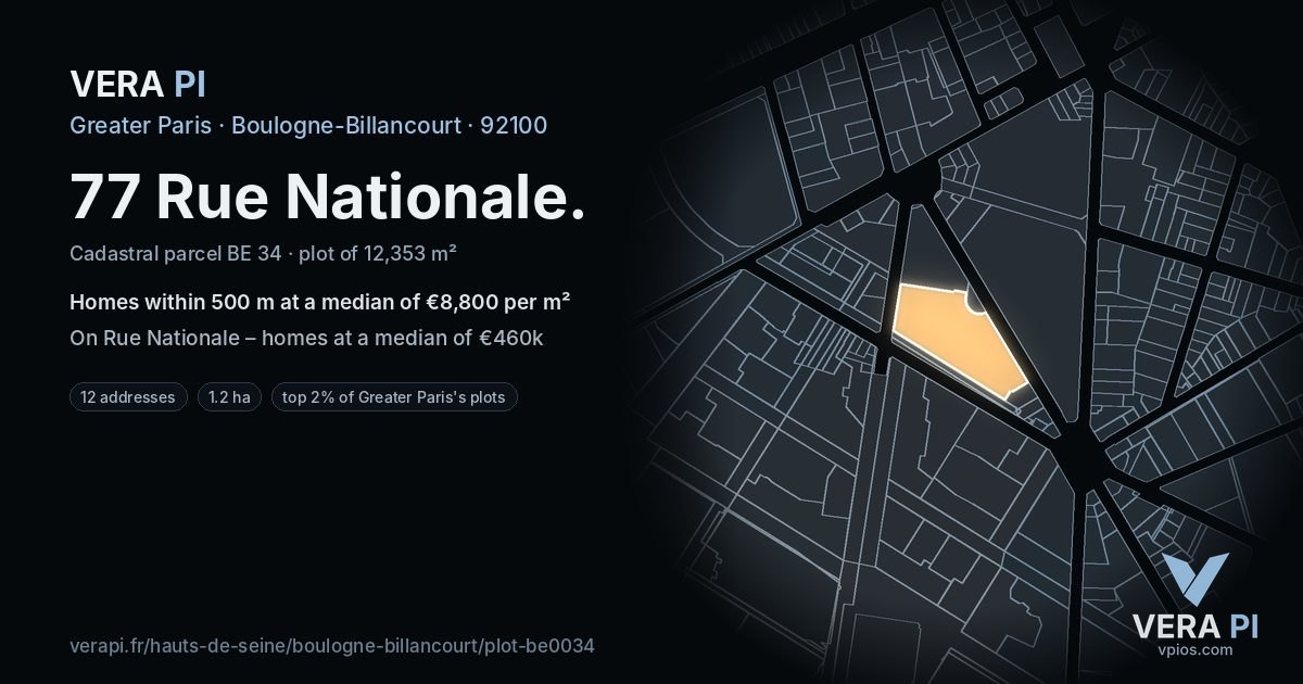 77 Rue Nationale, Boulogne-Billancourt at night – the plot lit, the parcels around coloured by the prices near them