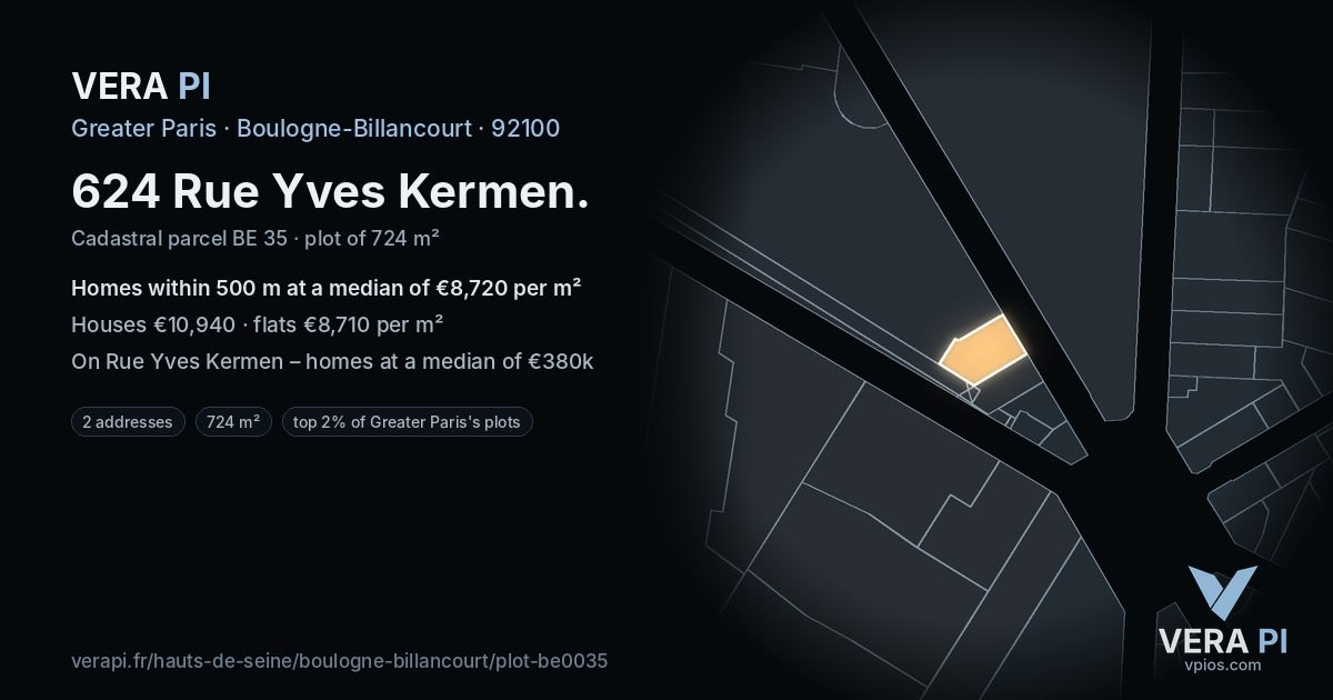 624 Rue Yves Kermen, Boulogne-Billancourt at night – the plot lit, the parcels around coloured by the prices near them
