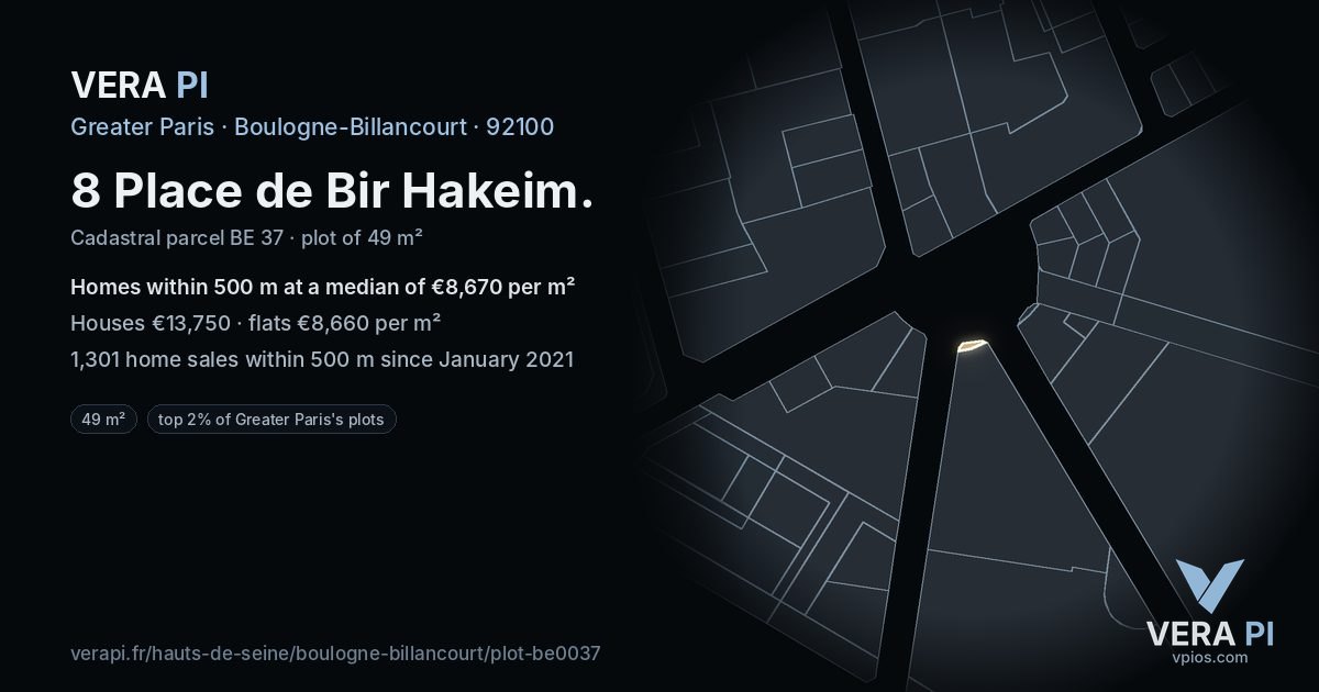 8 Place de Bir Hakeim, Boulogne-Billancourt at night – the plot lit, the parcels around coloured by the prices near them