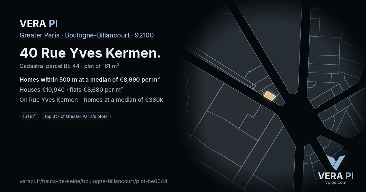 40 Rue Yves Kermen, Boulogne-Billancourt at night – the plot lit, the parcels around coloured by the prices near them