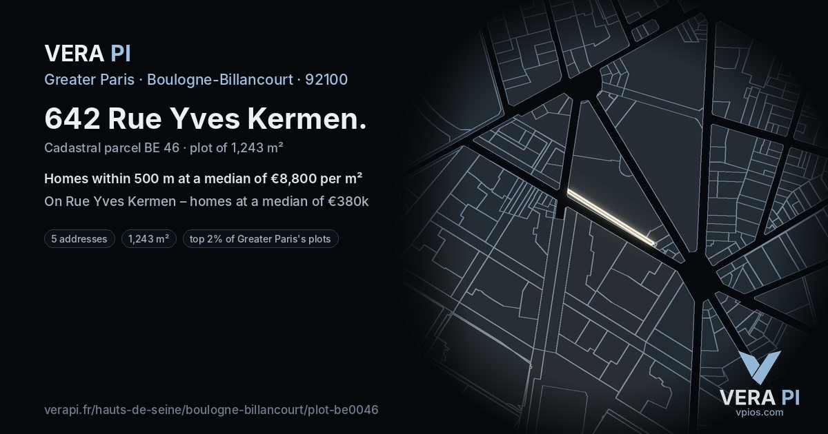 642 Rue Yves Kermen, Boulogne-Billancourt at night – the plot lit, the parcels around coloured by the prices near them