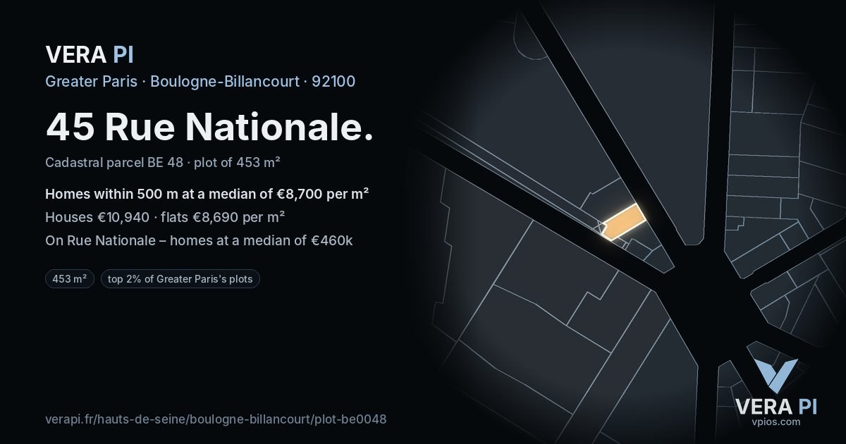 45 Rue Nationale, Boulogne-Billancourt at night – the plot lit, the parcels around coloured by the prices near them