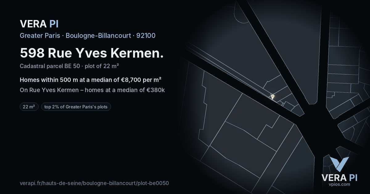 598 Rue Yves Kermen, Boulogne-Billancourt at night – the plot lit, the parcels around coloured by the prices near them