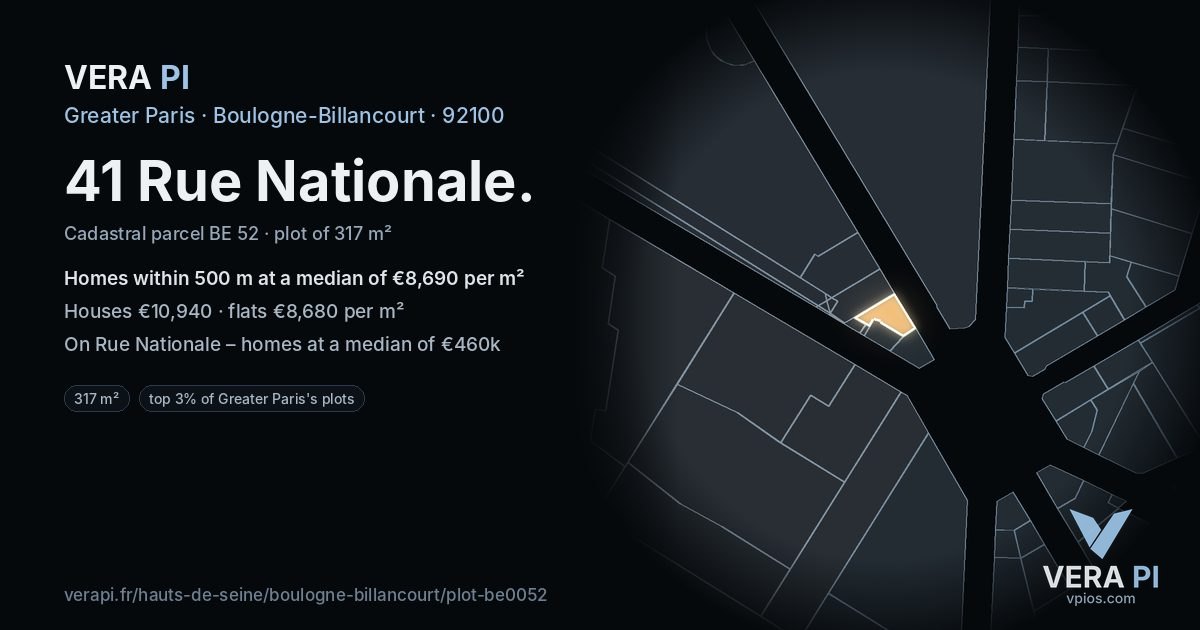 41 Rue Nationale, Boulogne-Billancourt at night – the plot lit, the parcels around coloured by the prices near them