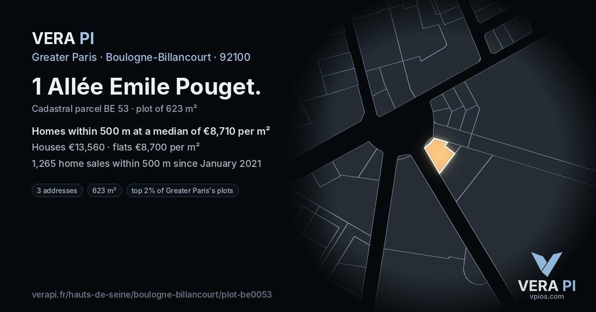 1 Allée Emile Pouget, Boulogne-Billancourt at night – the plot lit, the parcels around coloured by the prices near them