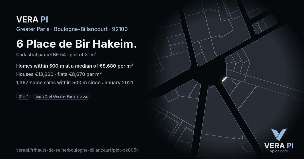 6 Place de Bir Hakeim, Boulogne-Billancourt at night – the plot lit, the parcels around coloured by the prices near them