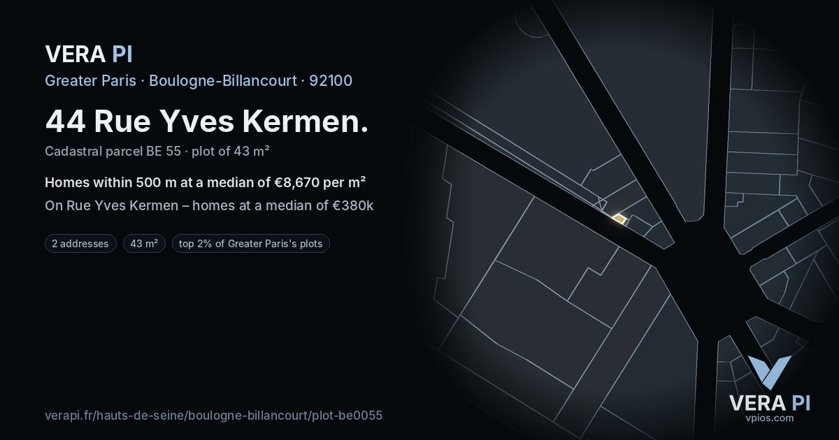 44 Rue Yves Kermen, Boulogne-Billancourt at night – the plot lit, the parcels around coloured by the prices near them