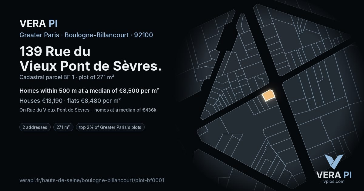 139 Rue du Vieux Pont de Sèvres, Boulogne-Billancourt at night – the plot lit, the parcels around coloured by the prices near them