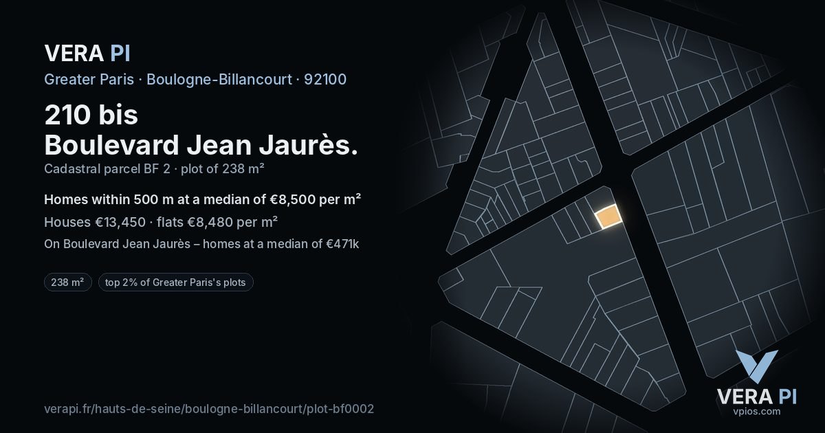 210 bis Boulevard Jean Jaurès, Boulogne-Billancourt at night – the plot lit, the parcels around coloured by the prices near them