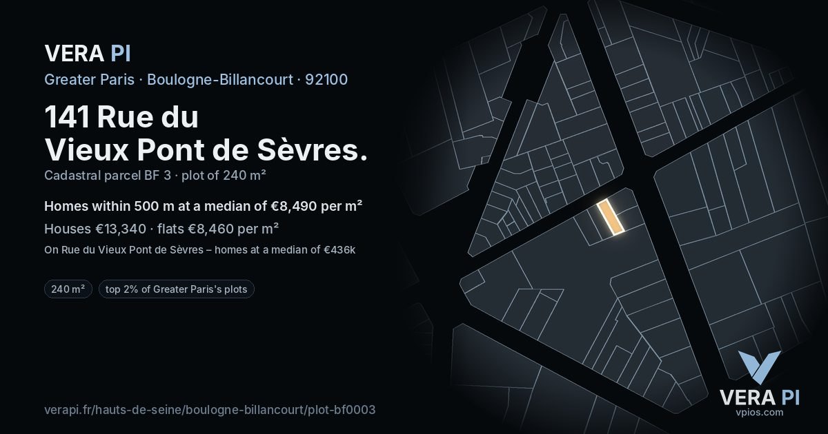 141 Rue du Vieux Pont de Sèvres, Boulogne-Billancourt at night – the plot lit, the parcels around coloured by the prices near them