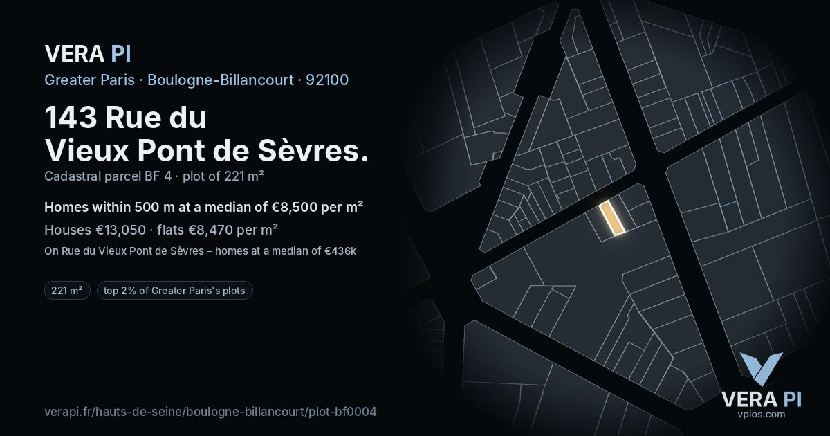 143 Rue du Vieux Pont de Sèvres, Boulogne-Billancourt at night – the plot lit, the parcels around coloured by the prices near them