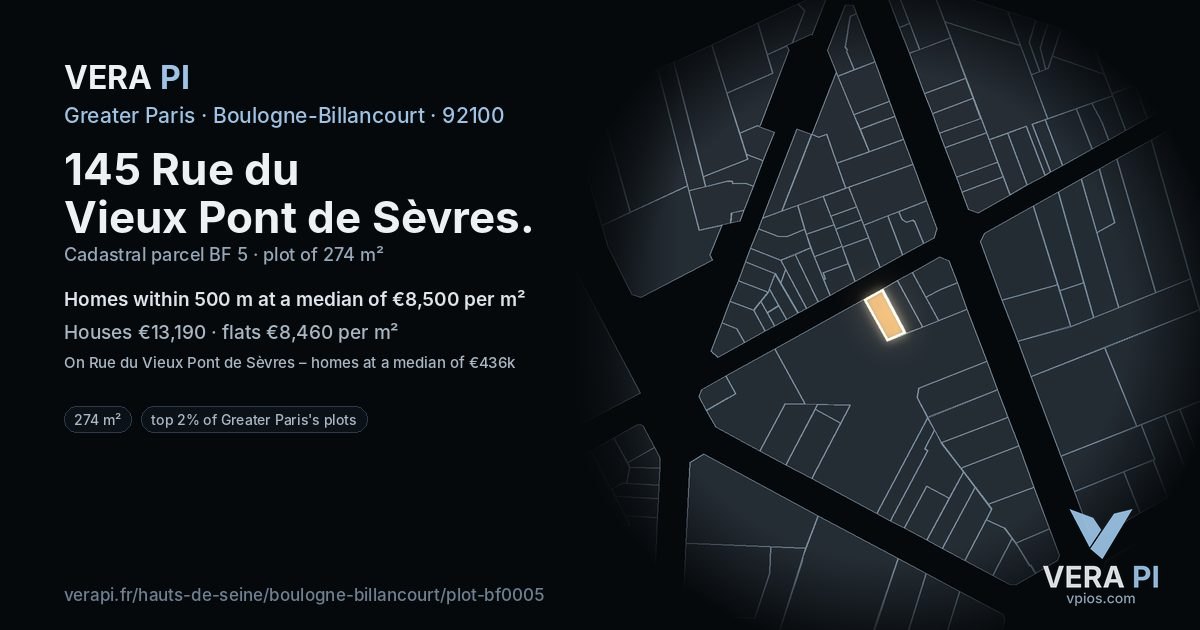 145 Rue du Vieux Pont de Sèvres, Boulogne-Billancourt at night – the plot lit, the parcels around coloured by the prices near them