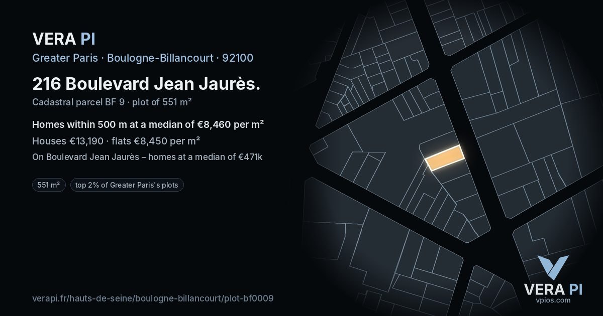 216 Boulevard Jean Jaurès, Boulogne-Billancourt at night – the plot lit, the parcels around coloured by the prices near them