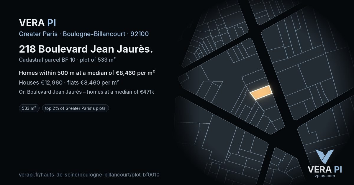 218 Boulevard Jean Jaurès, Boulogne-Billancourt at night – the plot lit, the parcels around coloured by the prices near them