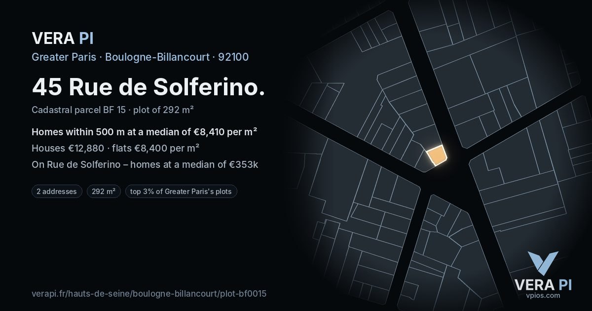 45 Rue de Solferino, Boulogne-Billancourt at night – the plot lit, the parcels around coloured by the prices near them