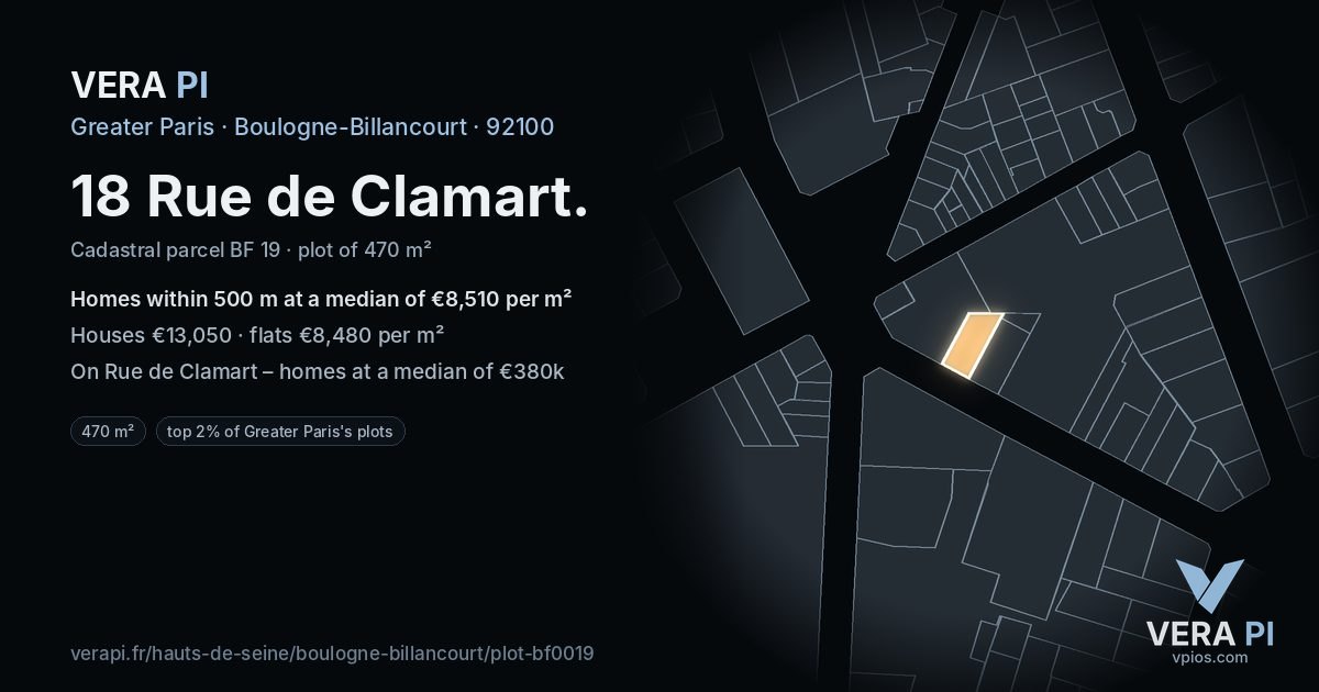 18 Rue de Clamart, Boulogne-Billancourt at night – the plot lit, the parcels around coloured by the prices near them