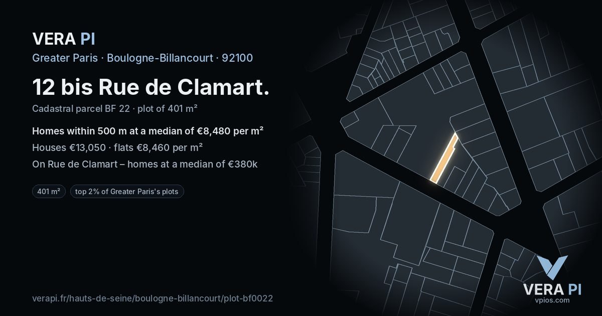 12 bis Rue de Clamart, Boulogne-Billancourt at night – the plot lit, the parcels around coloured by the prices near them