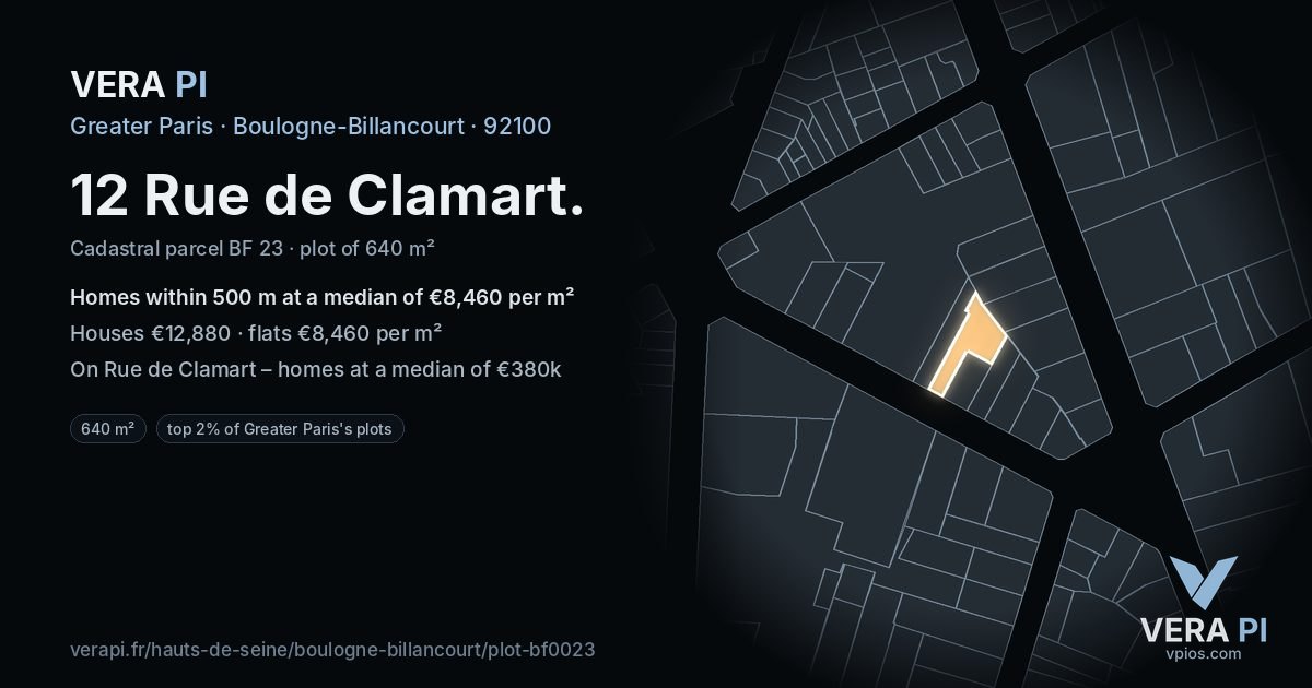 12 Rue de Clamart, Boulogne-Billancourt at night – the plot lit, the parcels around coloured by the prices near them