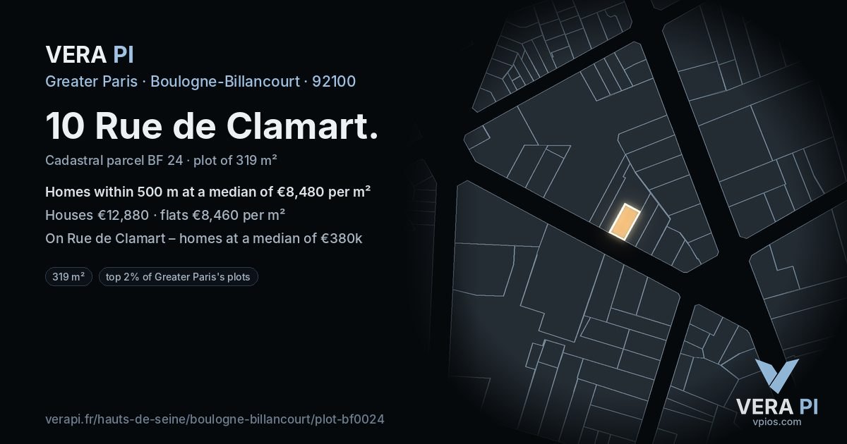 10 Rue de Clamart, Boulogne-Billancourt at night – the plot lit, the parcels around coloured by the prices near them