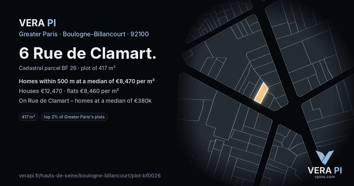 6 Rue de Clamart, Boulogne-Billancourt at night – the plot lit, the parcels around coloured by the prices near them