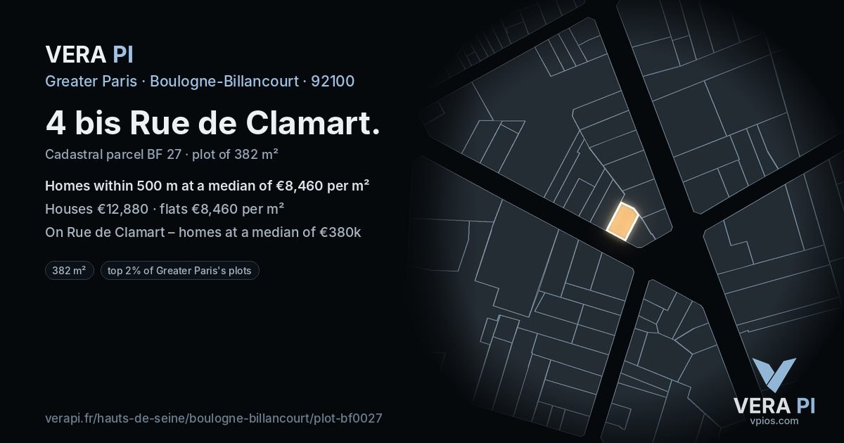 4 bis Rue de Clamart, Boulogne-Billancourt at night – the plot lit, the parcels around coloured by the prices near them