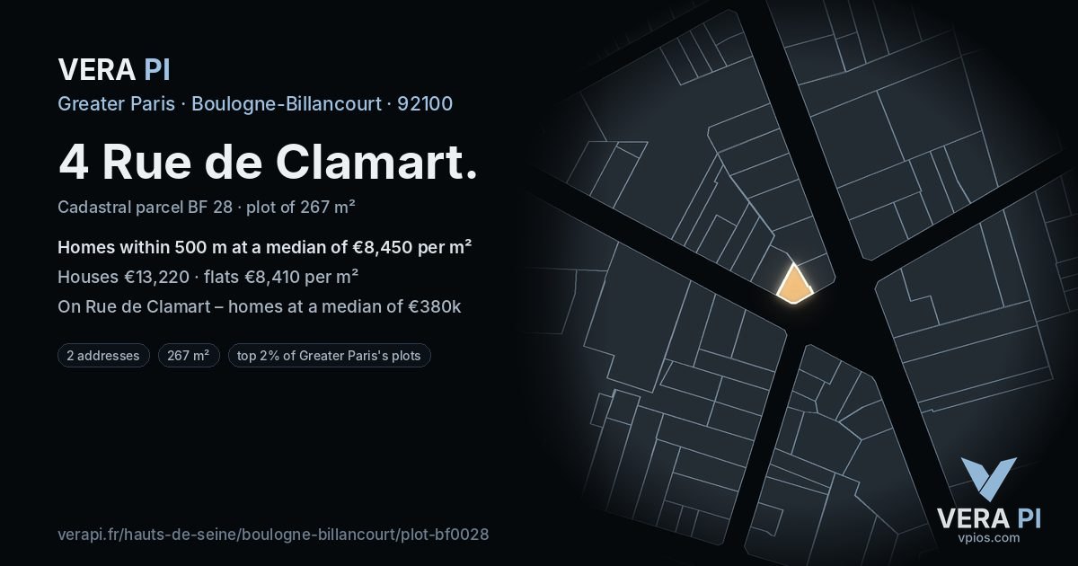 4 Rue de Clamart, Boulogne-Billancourt at night – the plot lit, the parcels around coloured by the prices near them