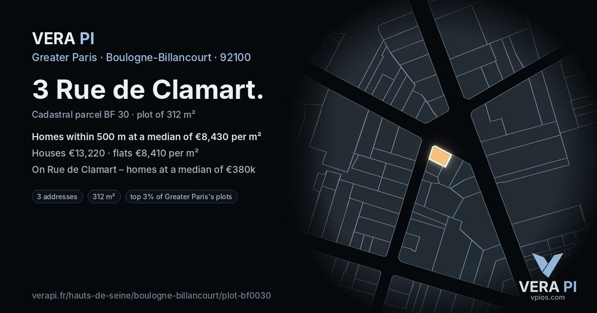 3 Rue de Clamart, Boulogne-Billancourt at night – the plot lit, the parcels around coloured by the prices near them