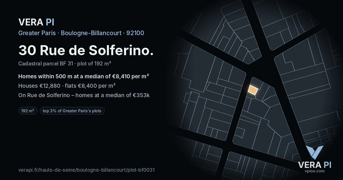 30 Rue de Solferino, Boulogne-Billancourt at night – the plot lit, the parcels around coloured by the prices near them