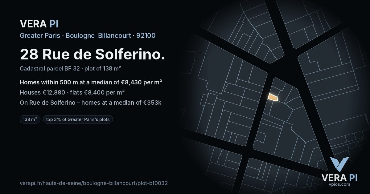 28 Rue de Solferino, Boulogne-Billancourt at night – the plot lit, the parcels around coloured by the prices near them