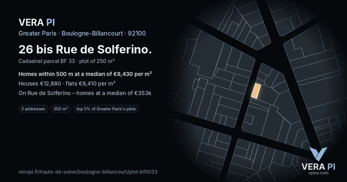26 bis Rue de Solferino, Boulogne-Billancourt at night – the plot lit, the parcels around coloured by the prices near them