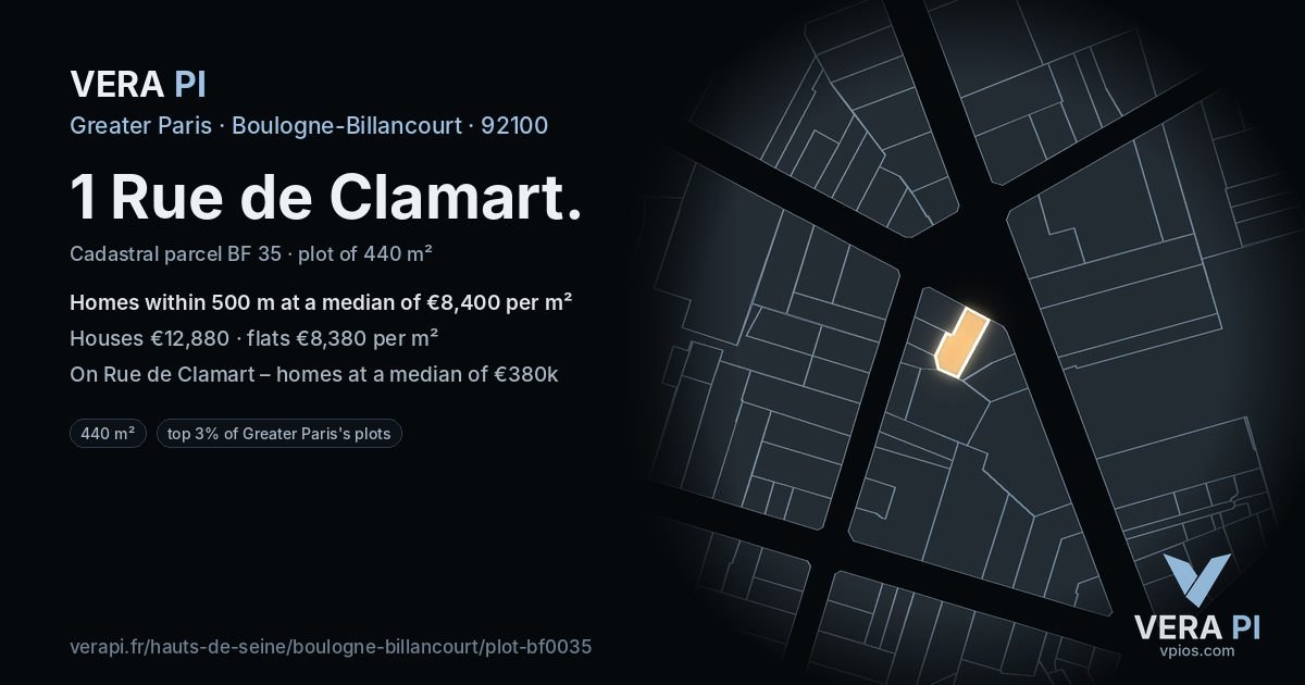 1 Rue de Clamart, Boulogne-Billancourt at night – the plot lit, the parcels around coloured by the prices near them