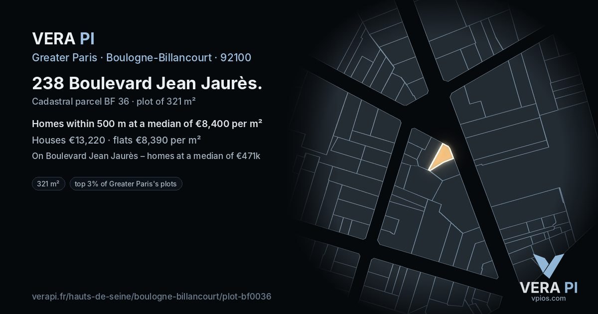 238 Boulevard Jean Jaurès, Boulogne-Billancourt at night – the plot lit, the parcels around coloured by the prices near them