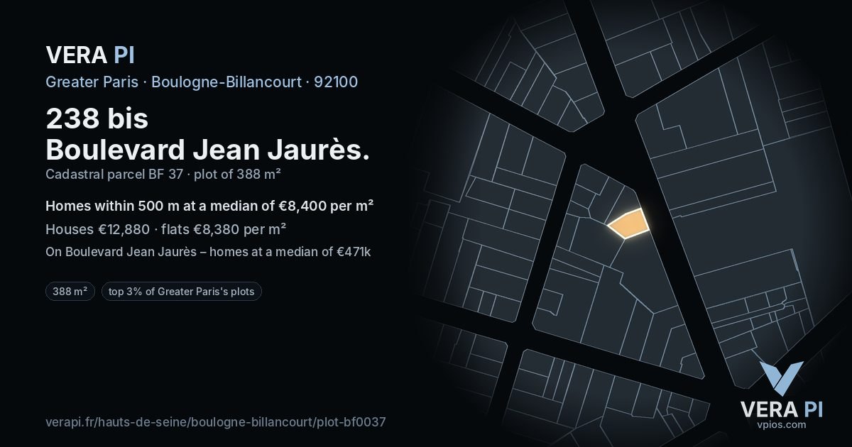 238 bis Boulevard Jean Jaurès, Boulogne-Billancourt at night – the plot lit, the parcels around coloured by the prices near them