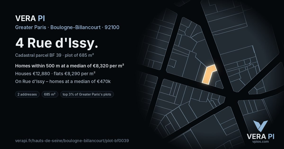 4 Rue d'Issy, Boulogne-Billancourt at night – the plot lit, the parcels around coloured by the prices near them