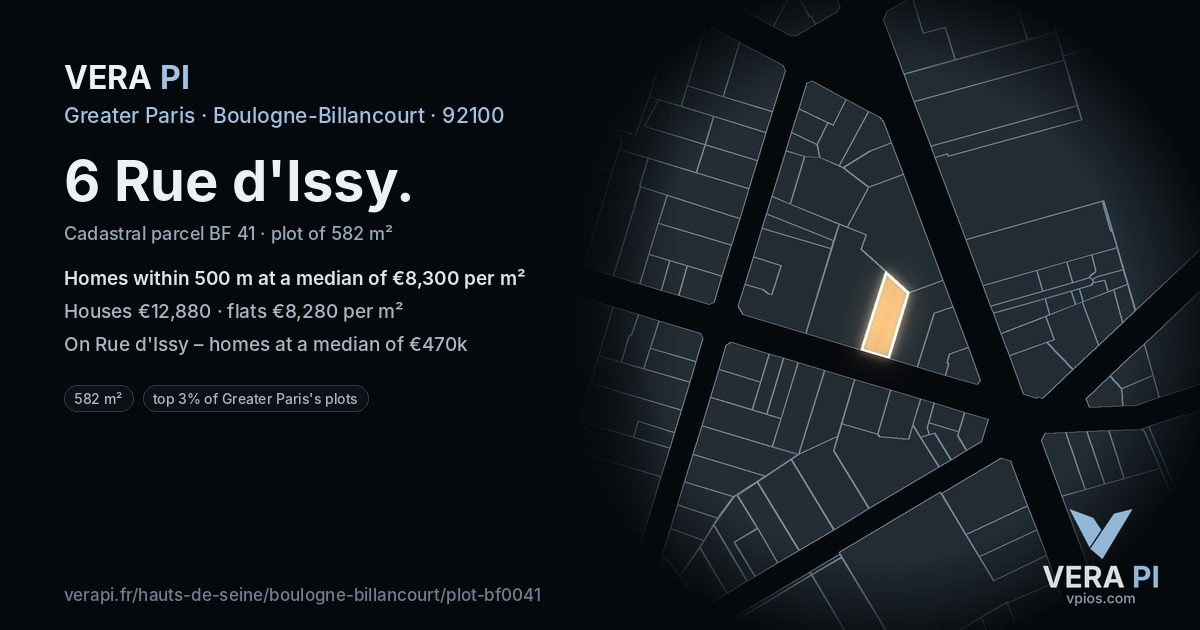 6 Rue d'Issy, Boulogne-Billancourt at night – the plot lit, the parcels around coloured by the prices near them