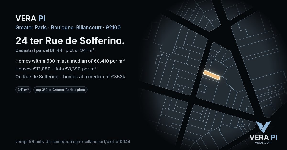 24 ter Rue de Solferino, Boulogne-Billancourt at night – the plot lit, the parcels around coloured by the prices near them
