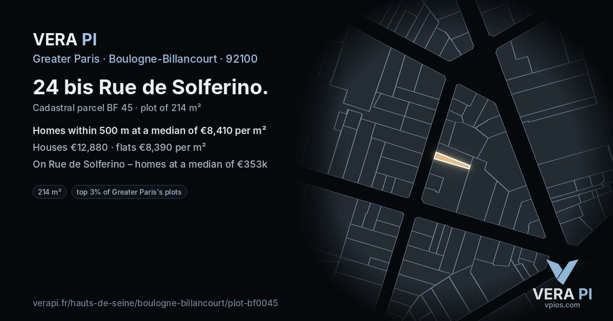 24 bis Rue de Solferino, Boulogne-Billancourt at night – the plot lit, the parcels around coloured by the prices near them