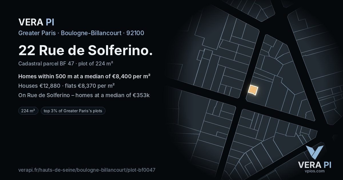 22 Rue de Solferino, Boulogne-Billancourt at night – the plot lit, the parcels around coloured by the prices near them
