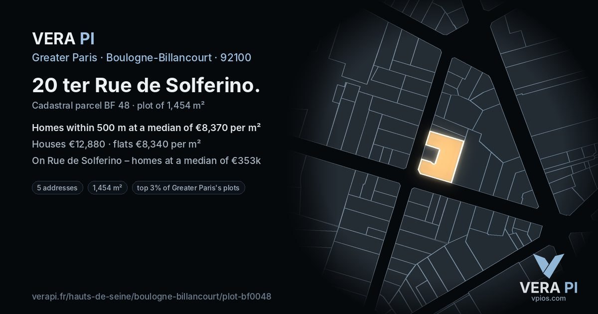 20 ter Rue de Solferino, Boulogne-Billancourt at night – the plot lit, the parcels around coloured by the prices near them